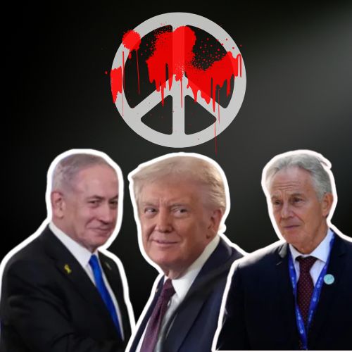 netanyahu, trump, blair with blood peace